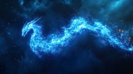 Blue fire dragon soaring through a dark nebula, cosmic fantasy art.