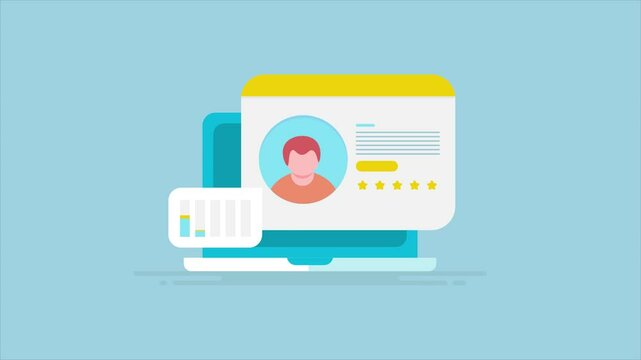 Customer analytics data, client profile management with AI data analytics software, conceptual video animation.