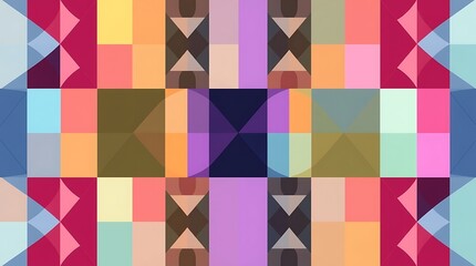 Abstract Geometric Pattern: A vibrant, playful composition featuring an intricate mosaic of colorful squares and triangles. The symmetrical design creates a hypnotic effect.