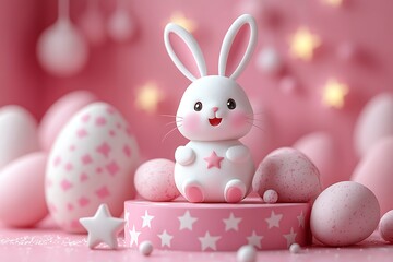 Adorable Easter Bunny and Eggs in a Pastel Pink Setting