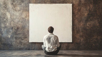 An artist lost in thought, staring at a blank canvas, symbolizing the struggle of creative block and the search for inspiration.