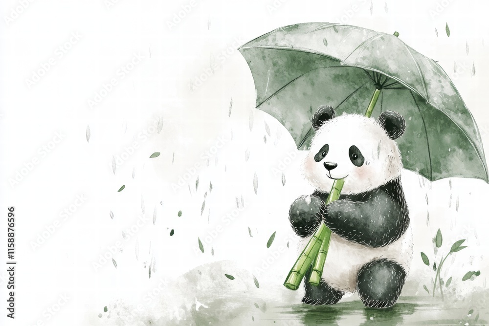 Poster panda enjoys bamboo while sheltered under an umbrella during a light rain shower in a serene landsca