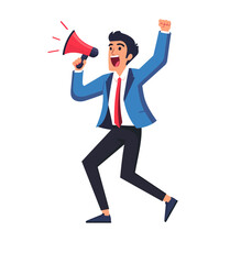 Business professional announcing with a megaphone, symbolizing motivation, achievement, and enthusiastic communication in a business environment