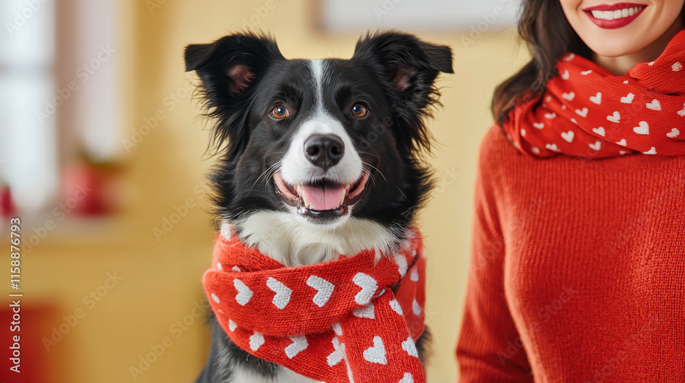 Sticker Valentine's themed matching outfits for dog and owner concept. A happy dog in a patterned scarf alongside a smiling person in cozy attire