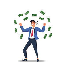 Professional businessman celebrating financial success, standing amidst flying dollar bills. Perfect for finance, wealth, investment, or success-related themes