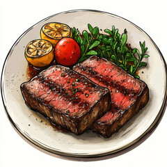 Beef Steak and Vegetables Illustration, White Plate with Popping Colors, Minimalist Background for Advertisements or Recipe Guides