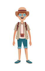 Vibrant illustration of a young traveler wearing a hat and backpack, embodying the spirit of exploration, adventure, and discovery, perfect for travel-themed designs