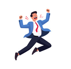 Dynamic illustration of a cheerful businessman jumping in excitement, celebrating success in business or career, symbolizing motivation, achievement, and happiness
