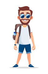 Cheerful cartoon tourist with a backpack and sunglasses, dressed casually for a travel or adventure theme, radiating fun and exploration