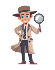 Cartoon detective character holding a magnifying glass, dressed in a classic beige trench coat and hat, embodying curiosity and investigation for mystery themes