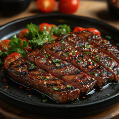 Thick Succulent Steak, Charred Grill Marks on Rustic Wooden Table, High-Resolution Food Photography