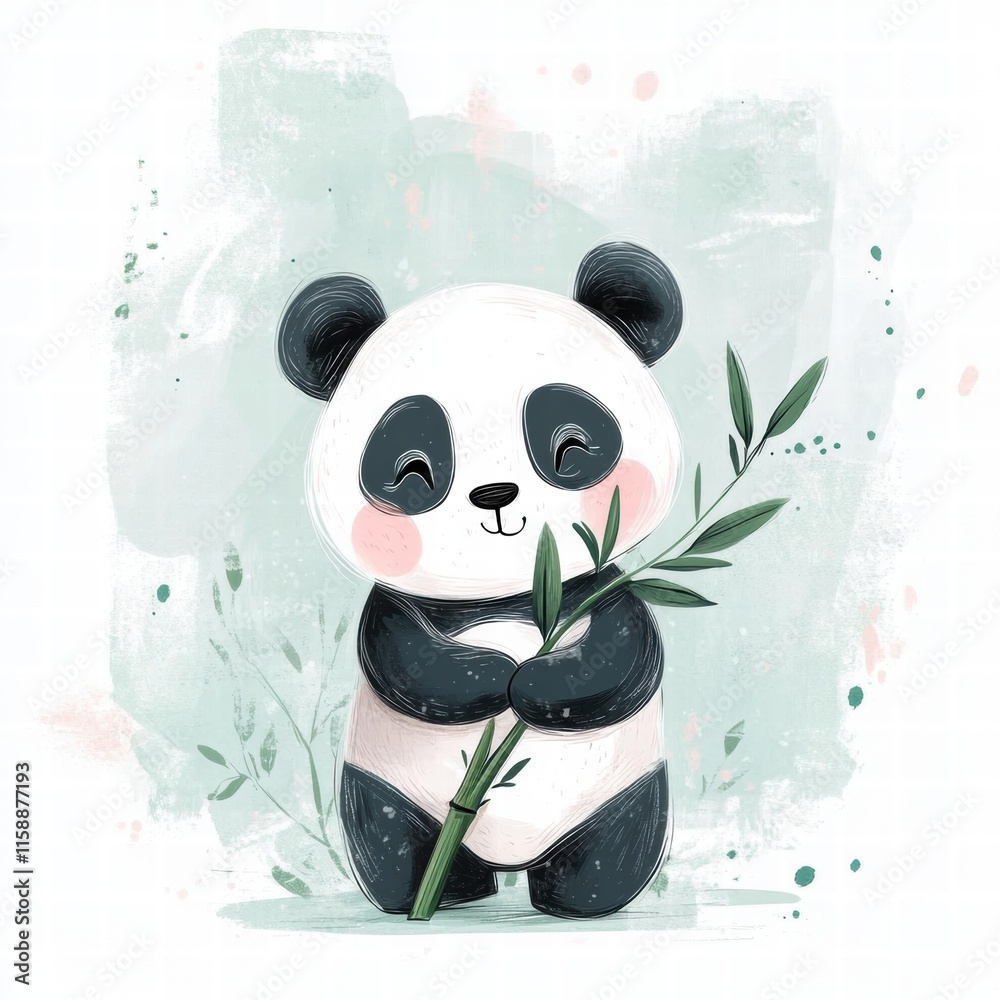 Poster Cute panda happily holding bamboo in a serene setting with ample space for text and creativity. Generative AI