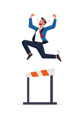 Motivated businessman in formal attire successfully jumps over a hurdle, symbolizing overcoming challenges, achieving goals, resilience, and determination in the professional world.