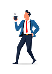 Obraz premium Vector of a businessman in blue blazer, white shirt, red tie, holding coffee. Ideal for business lifestyle, corporate culture, or casual work setting themes. 