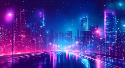 Obraz premium Neon Cityscape At Night With Vibrant Lights And Starry Sky