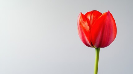 Obraz premium A single vibrant red tulip against a soft grey background, close-up shot, Minimalist style