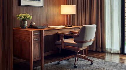 Elegant home office with wooden desk and soft lighting