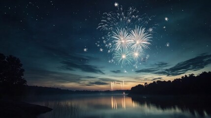 Naklejka premium A stunning time-lapse of fireworks illuminating a tranquil night sky