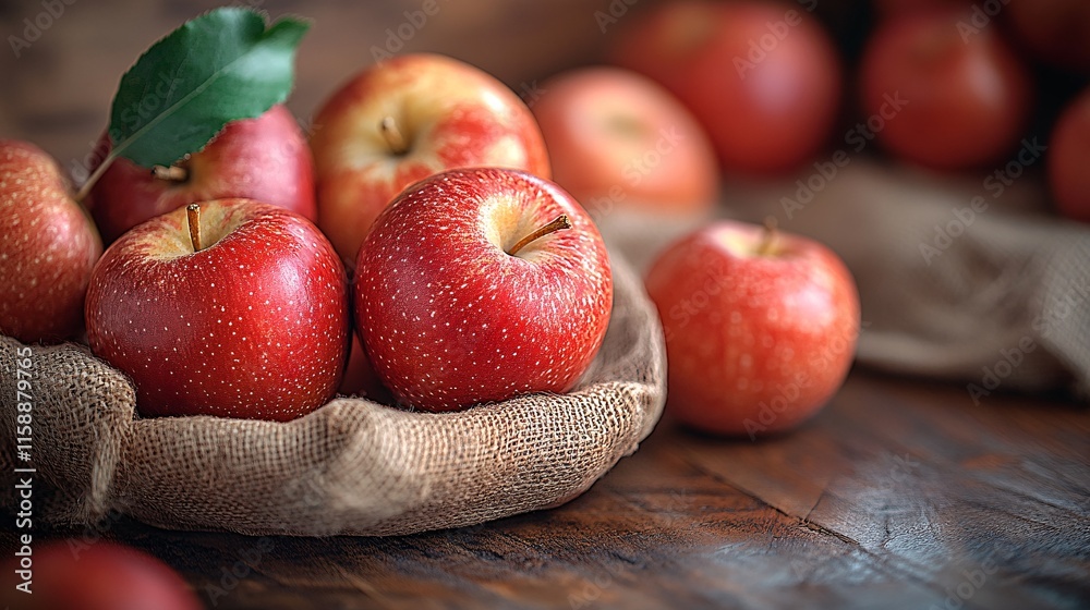 Poster Fresh red apples resting in a rustic burlap sack on a wooden table