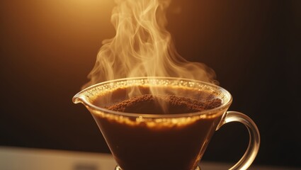 Steaming Cup of Freshly Brewed Coffee in Glass Pour Over Dripper