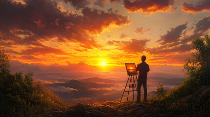 Naklejka premium An artist painting a sunset scene, feeling a deep connection with nature and emotions.