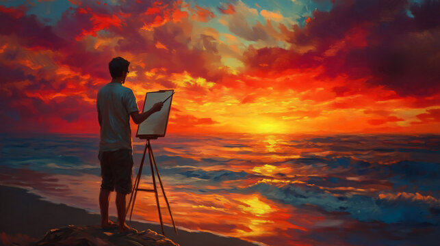 An artist painting a sunset scene, feeling a deep connection with nature and emotions.