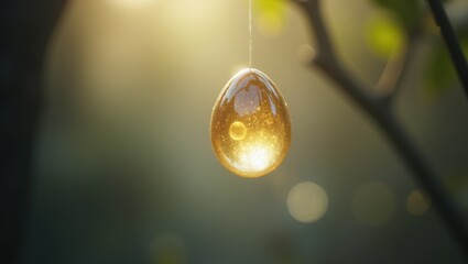 Golden Egg Hanging from Branch at Sunrise