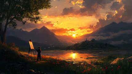 An artist painting a sunset scene, feeling a deep connection with nature and emotions.