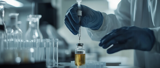 a laboratory table, above it a scientist's/laboratory technician's hand in a rubber glove dripping liquid from a syringe into a vial; panoramic science, medicine, medical innovations wide background
