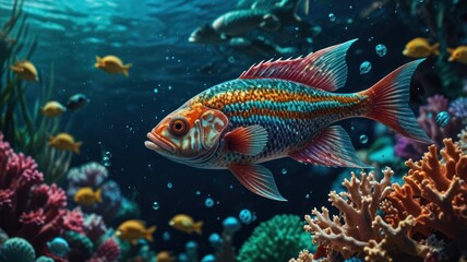 Fototapeta premium Vibrant tropical fish swims in coral reef ocean
