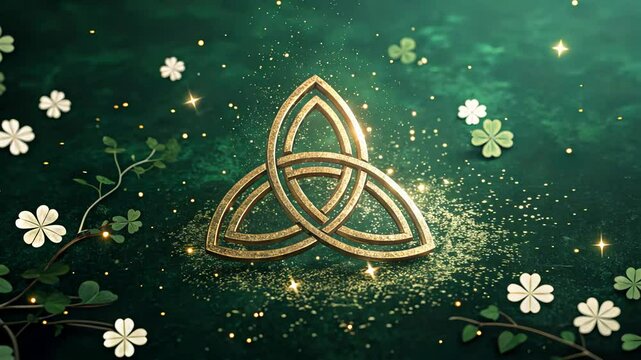 Enchanting celtic knot emergence surrounded by glowing clovers