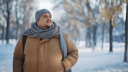 Man in Snow, Casual Scarf, Winter Fashion, Warm Clothing, Serene Environment, Tranquil Park, Frosty Trees, Peaceful Moment, Cozy Attire, Scenic Winter Landscape.
