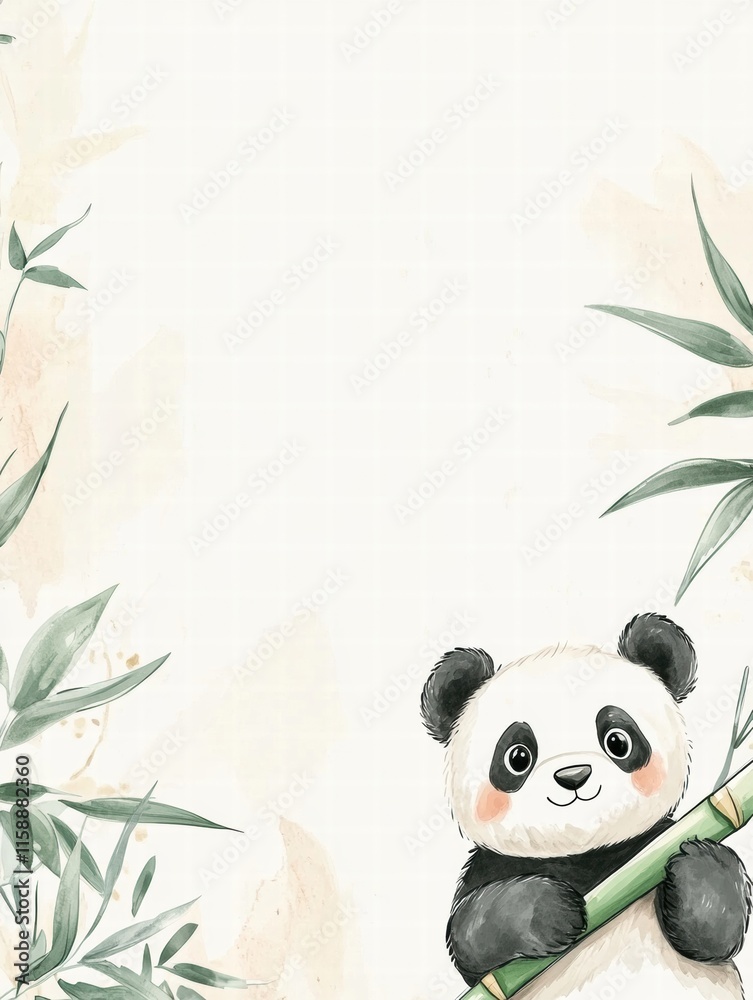 Aufkleber panda enjoying fresh bamboo with space for text and gentle colors to create a peaceful atmosphere. g