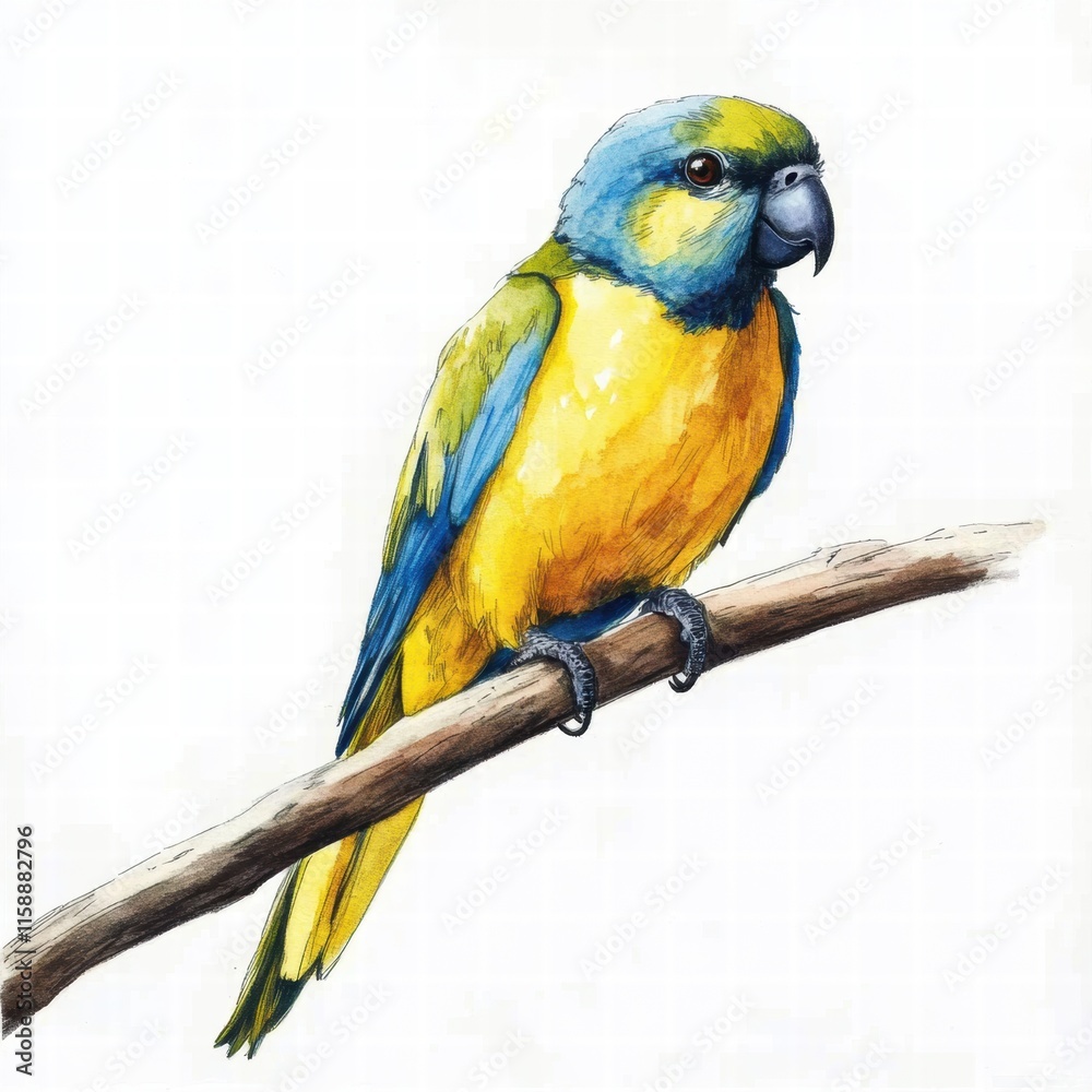 Aufkleber Bright parrot illustration perched on a branch with ample space for text and creative mock up opportunities. Generative AI