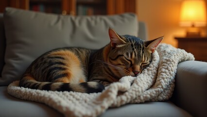 A relaxed cat curled up in a cozy ball, peacefully sleeping on a couch with a blanket, in a warmly lit living room