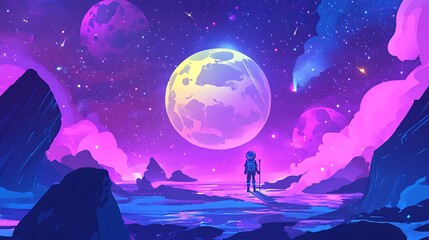 Fototapeta premium A serene astronaut stands on a vibrant alien landscape under a colorful moon and planets.