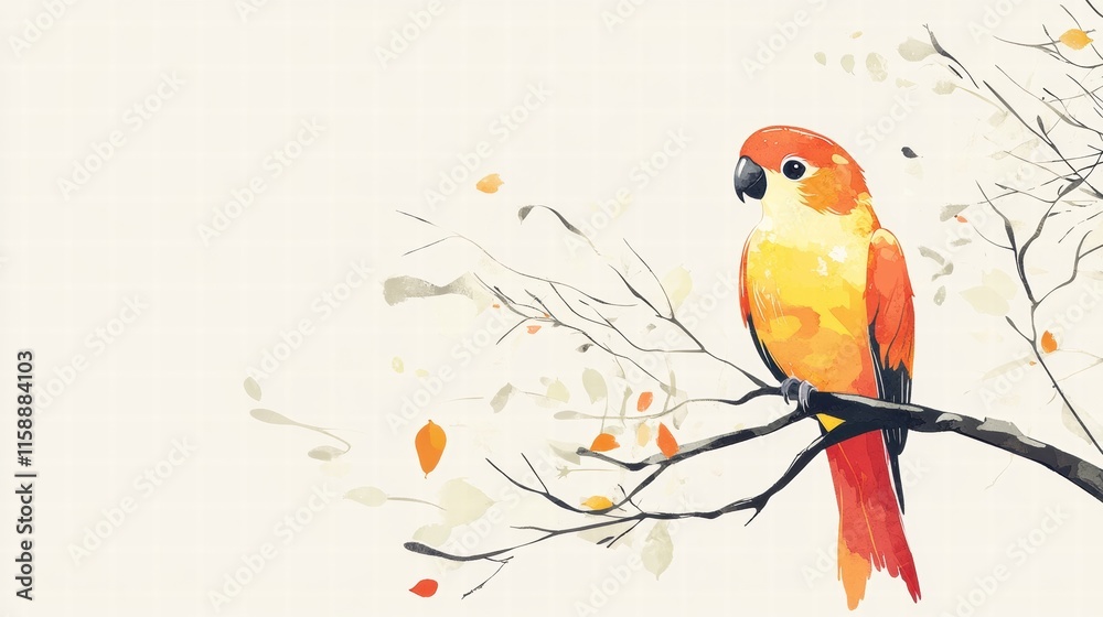 Aufkleber Bright parrot perched on branch with vibrant colors and ample copy space for text placement. Generative AI