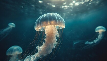 Fototapeta premium Glowing Bioluminescent Jellyfish Drifting Serenely in the Deep Ocean