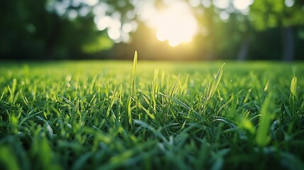 Green grass growing in sunset light in summer meadow
