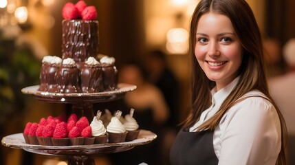Smiling woman with desserts, elegant pastry display, chocolate cakes and cupcakes, festive catering treats, gourmet sweets presentation, upscale bakery charm, joyful dessert table service.