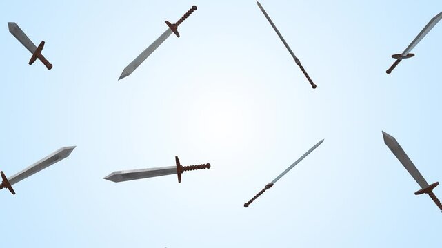 Stylized Swords Falling on a Light Blue Background. 3D Sword with Wooden Handle. 4K