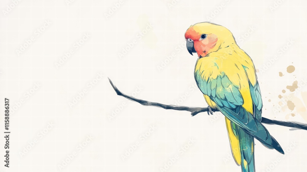 Poster bright parrot illustrated in vibrant colors perched on a branch with ample copy space for personaliz
