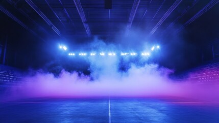 Colorful Foggy Arena, Neon Lights and Fog, Lit Sports Hall, Indoor Stadium with Bright Lights, Mystical Evening Atmosphere