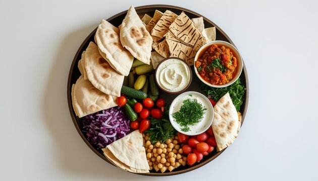 Traditional Round Plate with  Leb Cuisine Featuring Fresh Ingredients and Spreads