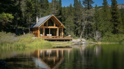 Fototapeta premium Cozy cabin by lake, serene forest reflection, rustic summer getaway, tranquil nature retreat, peaceful countryside escape, scenic mountain views, outdoor adventure haven, eco-friendly vacation spot