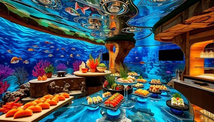 Fototapeta premium Underwater Sushi Restaurant Exquisite Buffet Display