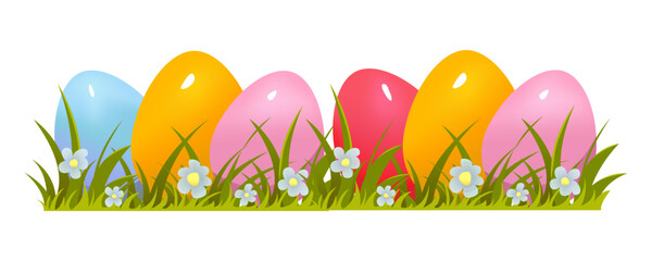 Easter Egg Hunt on Green Grass with Flower. Easter Border Decoration Element. Vector Illustration.