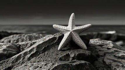 White Starfish Rests on Dark Coastal Rocks