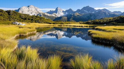 Naklejka premium tranquil lake reflecting surrounding mountains and lush grass Generative Ai