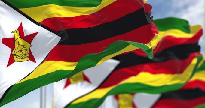Close-up view of the Zimbabwe national flags waving in the wind